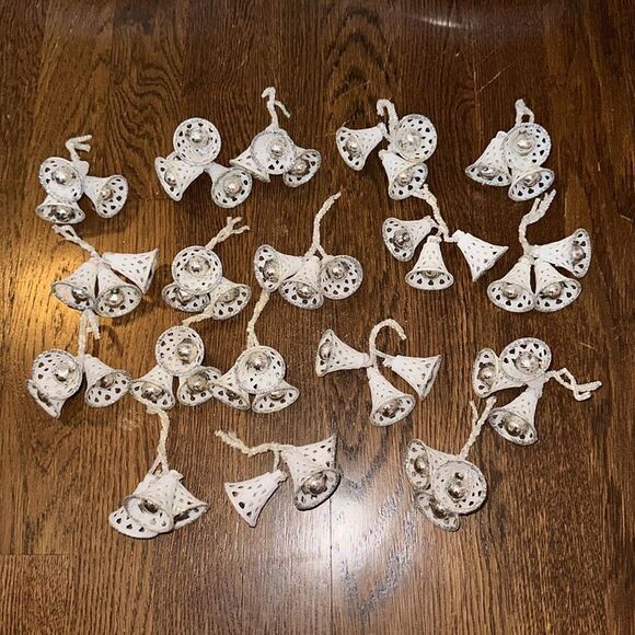 Vtg 3 Large White Filigree Sugar Christmas Bells with silver clappers/glitter - Picture 5 of 5